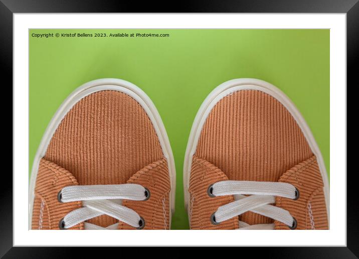 Beige corduroy sneakers on a green background Framed Mounted Print by Kristof Bellens