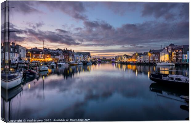 Weymouth Harbour at Dusk in Winter Canvas Print by Paul Brewer