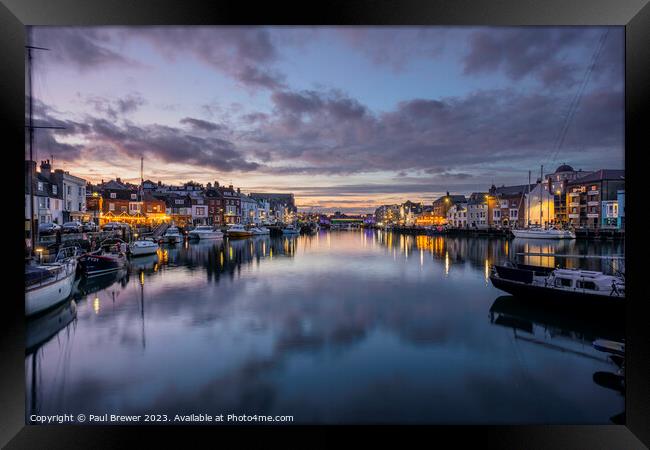 Weymouth Harbour at Dusk in Winter Framed Print by Paul Brewer
