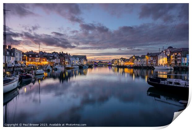 Weymouth Harbour at Dusk in Winter Print by Paul Brewer