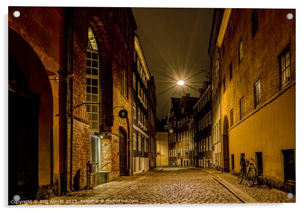 street lamp hanging over an alley at night in Copenhagen Acrylic by Stig Alenäs