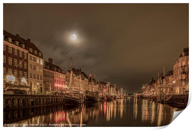 The moon is shining over the Nyhavn Canal in Copenhagen Print by Stig Alenäs