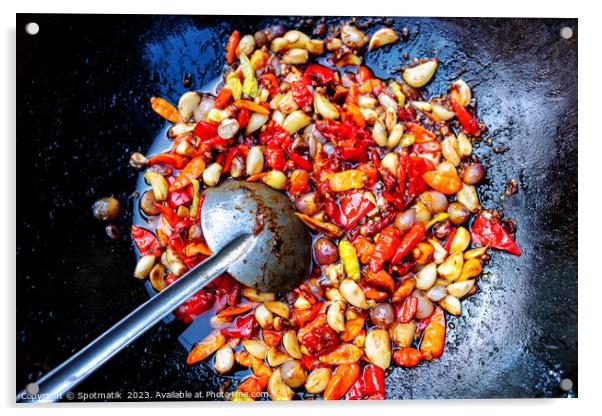 Balinese spices chilies cooking in traditional wok Indonesia  Acrylic by Spotmatik 