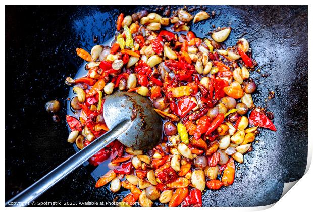 Balinese spices chilies cooking in traditional wok Indonesia  Print by Spotmatik 