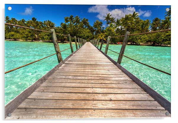 Bora Bora wooden walkway over tropical Aquamarine lagoon  Acrylic by Spotmatik 