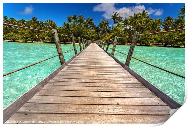 Bora Bora wooden walkway over tropical Aquamarine lagoon  Print by Spotmatik 
