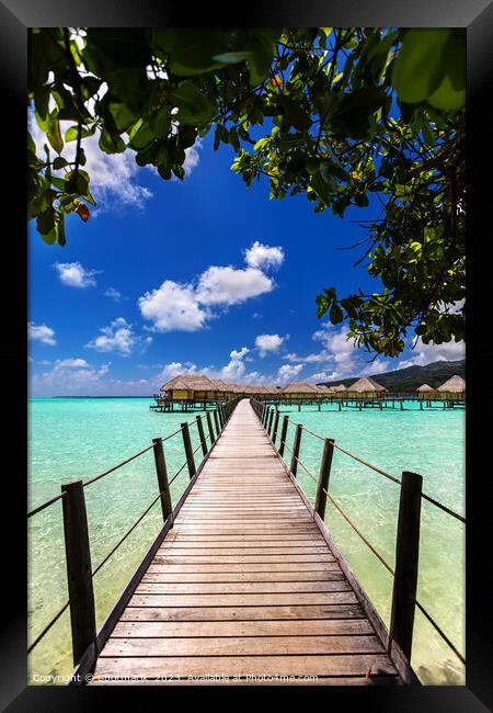 Bora Bora walkway across lagoon luxury Overwater bungalows  Framed Print by Spotmatik 