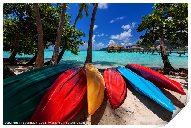 Tourist kayaks Bora Bora active vacation luxury resort  Print by Spotmatik 