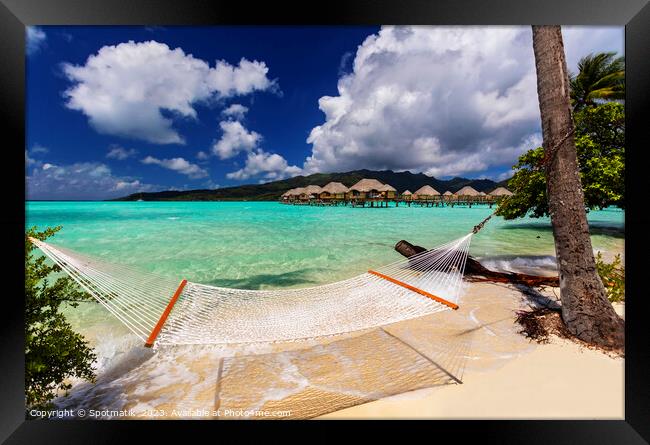 Bora Bora beach hammock luxury Overwater resort Bungalows  Framed Print by Spotmatik 