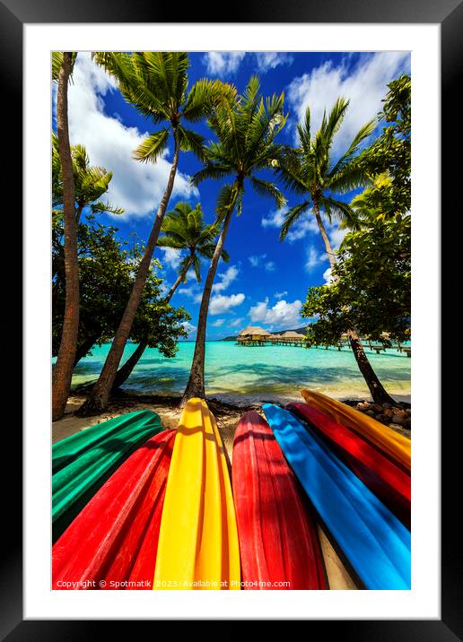 Bora Bora kayak boats Overwater Bungalows tropical lagoon  Framed Mounted Print by Spotmatik 