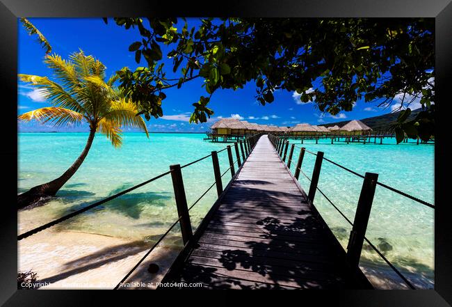 Bora Bora Island walkway jetty Overwater luxury Bungalows  Framed Print by Spotmatik 