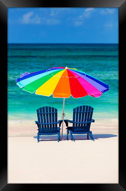 Bahamas Travel vacation beach sun loungers with umbrella  Framed Print by Spotmatik 