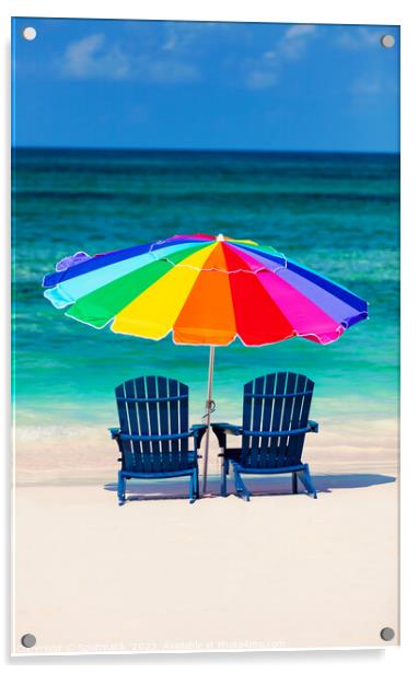 Bahamas Travel vacation beach sun loungers with umbrella  Acrylic by Spotmatik 