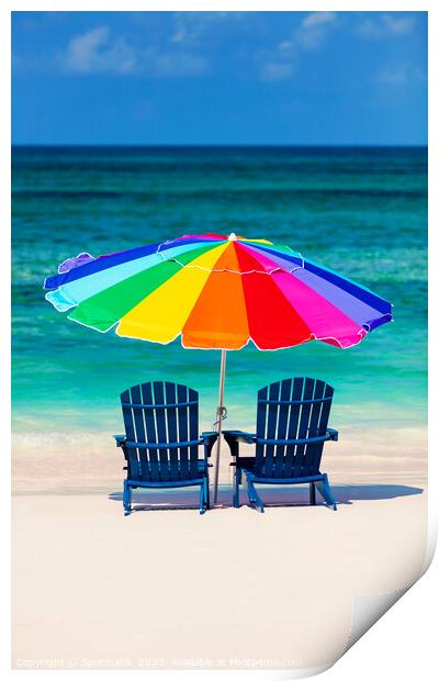 Bahamas Travel vacation beach sun loungers with umbrella  Print by Spotmatik 