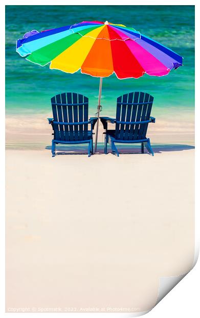 Bahamas colorful sun umbrella and two beach beds  Print by Spotmatik 