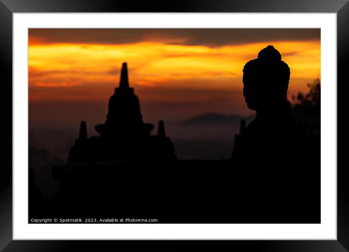 Silhouette at sunrise of Borobudur religious temple Indonesia  Framed Mounted Print by Spotmatik 