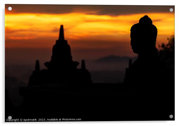 Silhouette at sunrise of Borobudur religious temple Indonesia  Acrylic by Spotmatik 