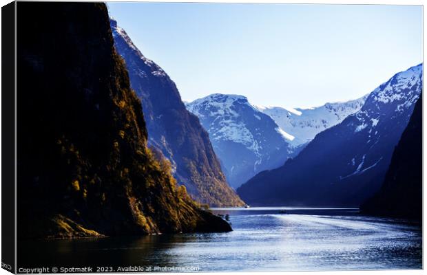 Norway travel mountain valley on glacial fjord Scandinavia Canvas Print by Spotmatik 