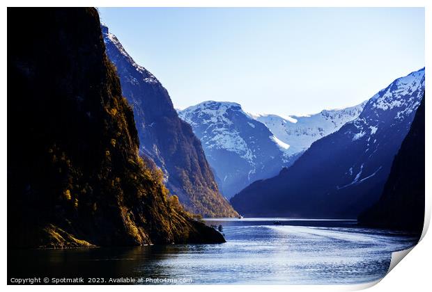 Norway travel mountain valley on glacial fjord Scandinavia Print by Spotmatik 