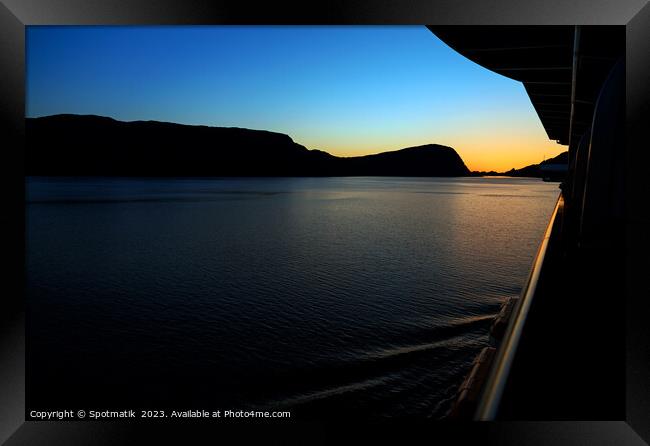 Sunset Silhouette view from Cruise ship Norwegian Fjord  Framed Print by Spotmatik 