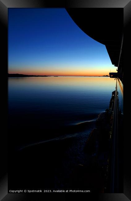 Sunset Silhouette view from Cruise ship Norwegian Fjord  Framed Print by Spotmatik 