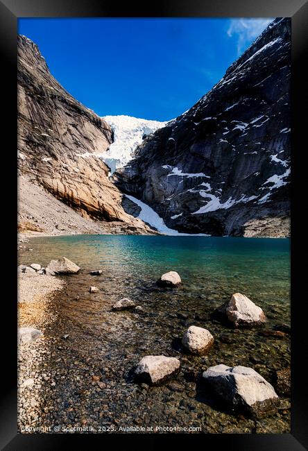 Norwegian valley hiking trail in summer snowy mountains  Framed Print by Spotmatik 