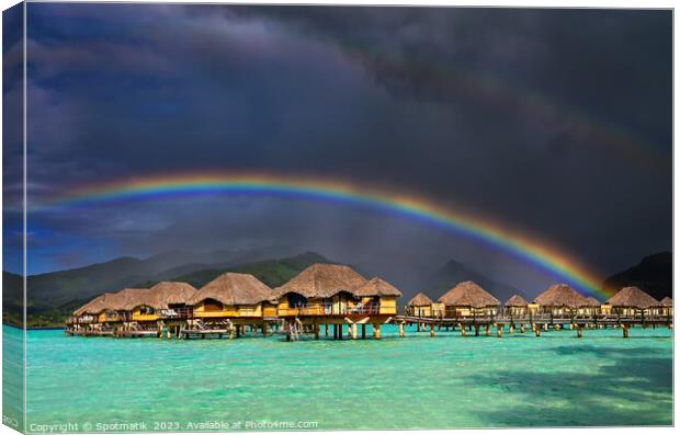 Bora Bora rainbow near Overwater Bungalows French Polynesia  Canvas Print by Spotmatik 