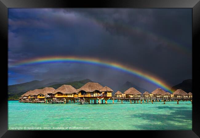 Bora Bora rainbow near Overwater Bungalows French Polynesia  Framed Print by Spotmatik 