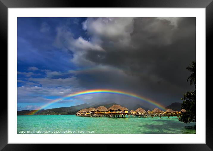 Rain shower creating Multicolored rainbow Bora Bora Resort Framed Mounted Print by Spotmatik 