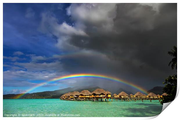Rain shower creating Multicolored rainbow Bora Bora Resort Print by Spotmatik 