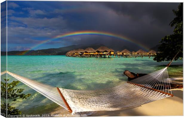 South Pacific rainbow Bora Bora beach resort hammock  Canvas Print by Spotmatik 