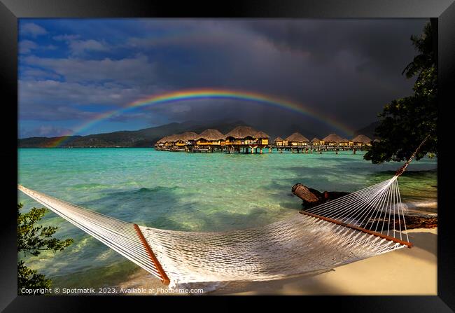 South Pacific rainbow Bora Bora beach resort hammock  Framed Print by Spotmatik 
