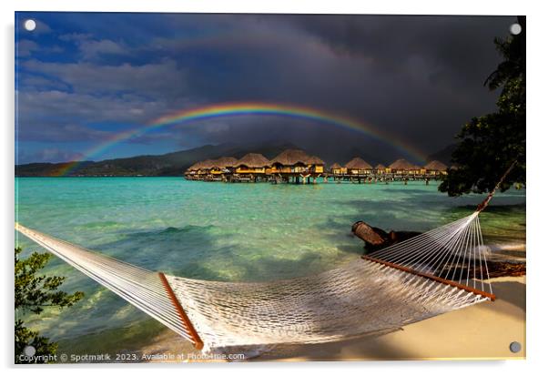 South Pacific rainbow Bora Bora beach resort hammock  Acrylic by Spotmatik 