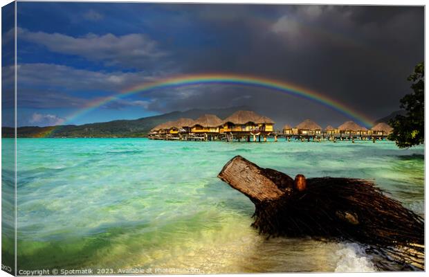 Rainbow over Bora Bora Island Hotel Overwater bungalows  Canvas Print by Spotmatik 