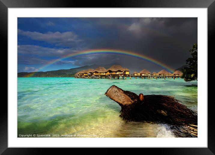Rainbow over Bora Bora Island Hotel Overwater bungalows  Framed Mounted Print by Spotmatik 