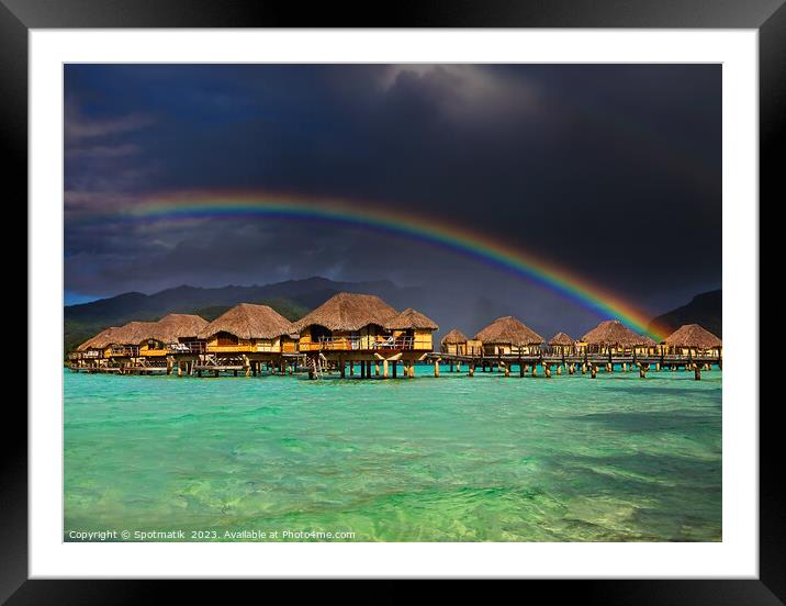 Bora Bora rainbow above Overwater Bungalows French Polynesia  Framed Mounted Print by Spotmatik 