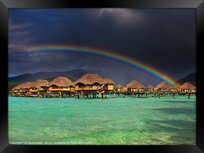 Bora Bora rainbow above Overwater Bungalows French Polynesia  Framed Print by Spotmatik 