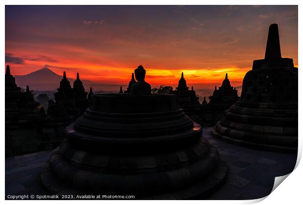 Sunrise over Borobudur religious stone temple Indonesia Asia Print by Spotmatik 