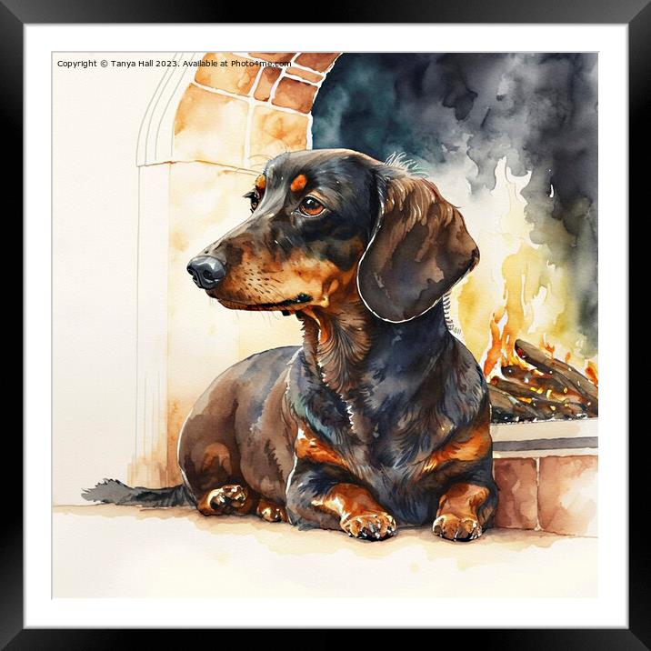 Dachshund Warming by the Fire Framed Mounted Print by Tanya Hall
