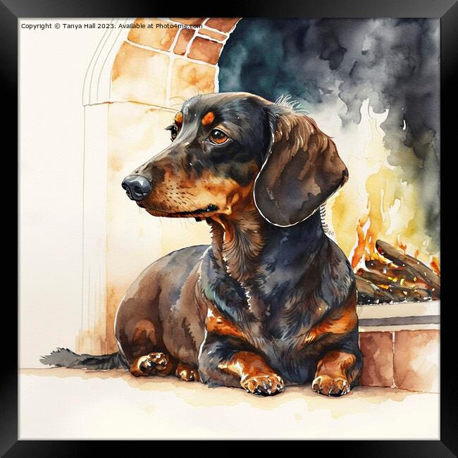 Dachshund Warming by the Fire Framed Print by Tanya Hall