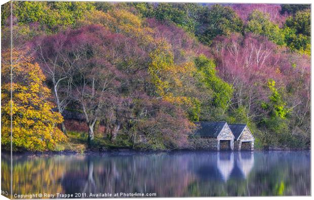 Boat houses on Llyn Dinas Canvas Print by Rory Trappe