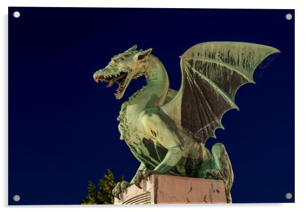 Dragon Statue At Night In Ljubljana Acrylic by Artur Bogacki