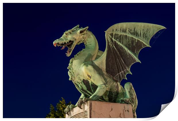 Dragon Statue At Night In Ljubljana Print by Artur Bogacki