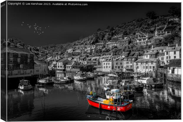 Polperro Harbour in Black and White with a dash of Colour Canvas Print by Lee Kershaw