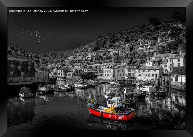 Polperro Harbour in Black and White with a dash of Colour Framed Print by Lee Kershaw