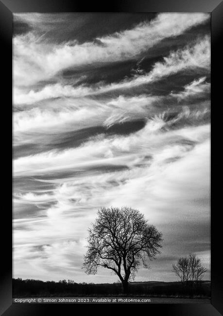 Tree silhouette against a dramatic cloudscape  Framed Print by Simon Johnson
