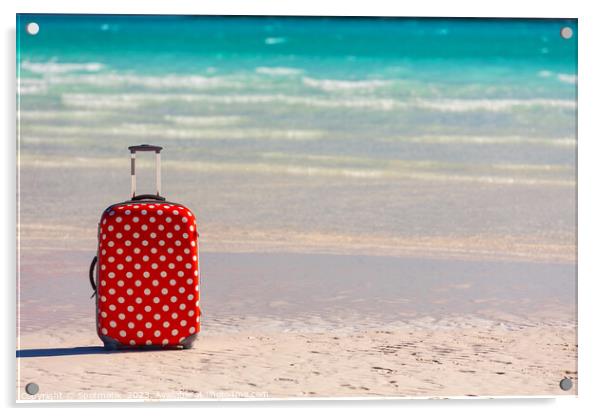 Red polka dot travel luggage on sand beach Acrylic by Spotmatik 