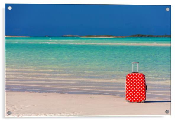 Red polka dot travel suitcase on sand beach Acrylic by Spotmatik 