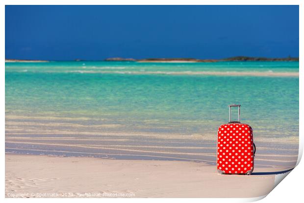 Red polka dot travel suitcase on sand beach Print by Spotmatik 