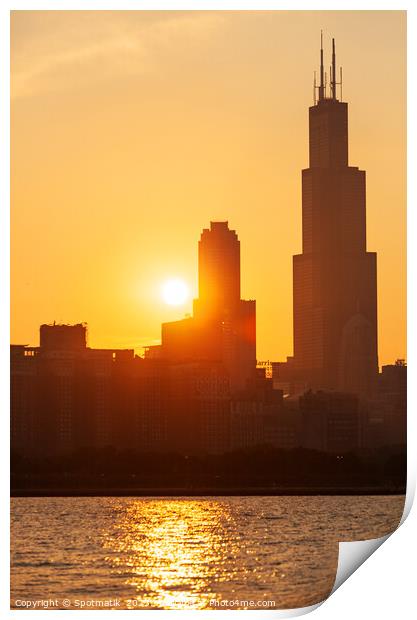 Sunset Willis Tower Lake Michigan Chicago City Skyline  Print by Spotmatik 